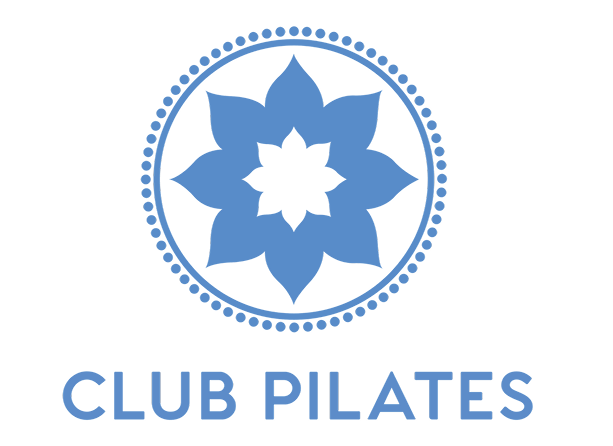 A logo for club pilates with a blue flower in a circle