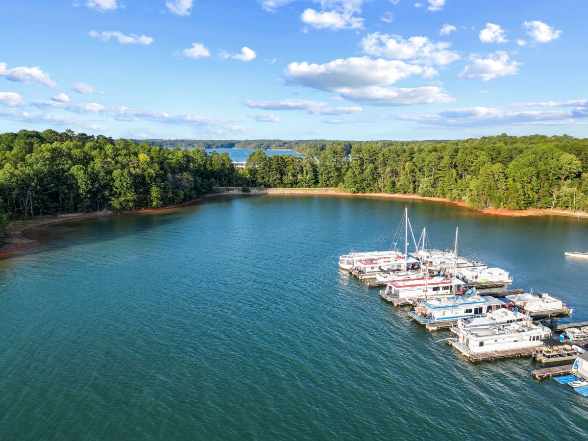 An aerial view of a marina filled with boats on a lake surrounded by trees in Atlanta shoot by Craig Westerman and Hometrack team.