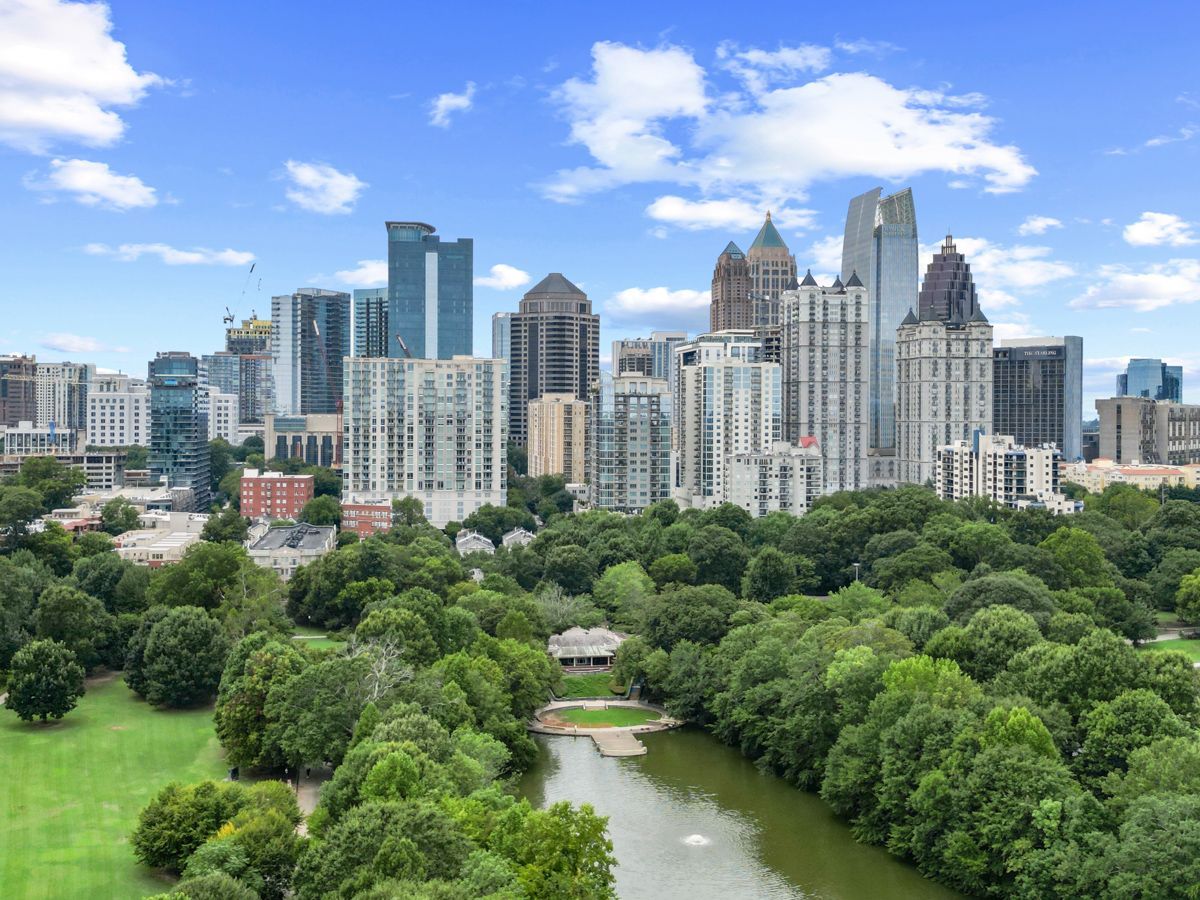 An aerial drone photo shoot of a atlanta skyline by Craig and Hometrack Team.