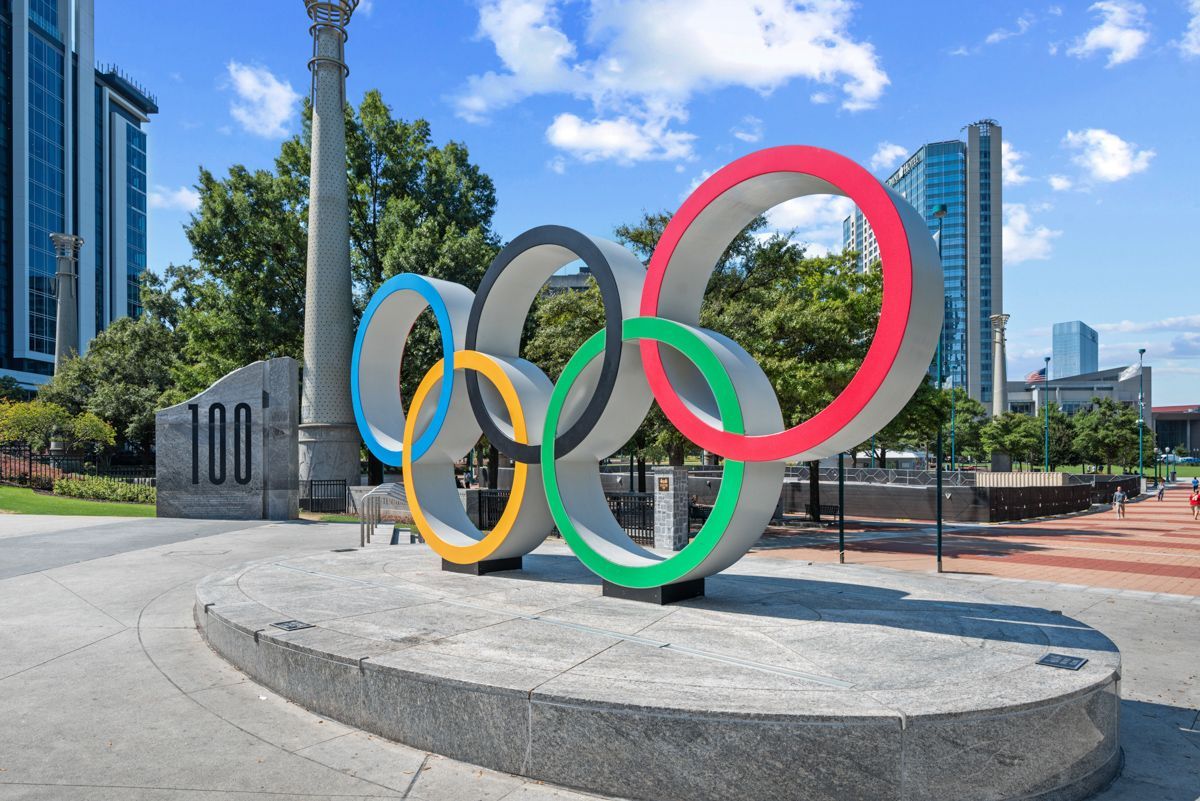 A statue of the olympic rings in a downtown Atlanta park by hometrack photography team.