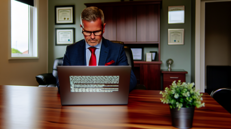 real estate agent writing property description with opening statement on his company laptop in his office.