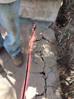 Person in blue jeans and work boots next to severely cracked concrete sidewalk abutting a concrete block wall.