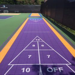 Shuffleboard court, purple with white lines and point values; yellow border on green court.