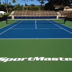 Blue tennis court with net, green surround, stands in background.
