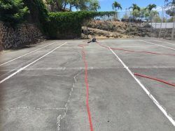 Cracked, weathered tennis court with red hose, partially obstructed by foliage and fencing.