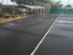 A worn asphalt tennis court with a net, cage structure, and greenery in the background.