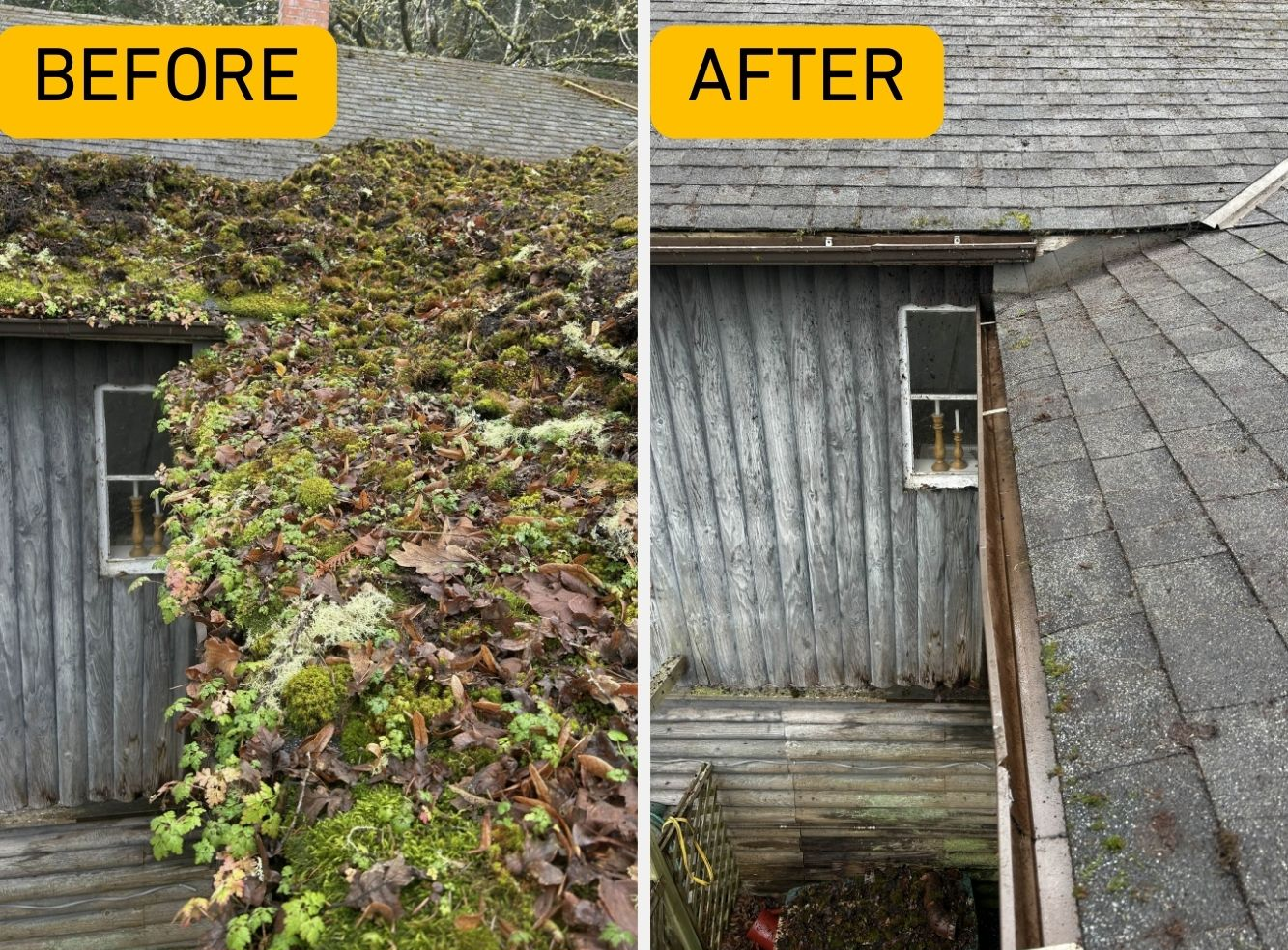 Before and after of a very dirty residential roof