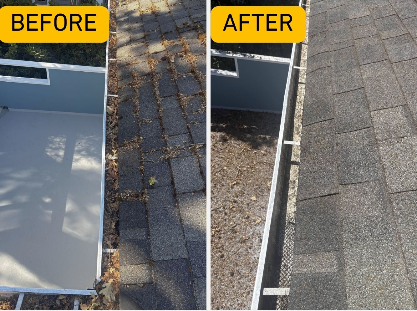 Before and after a roof and gutter cleaning service on a residential home