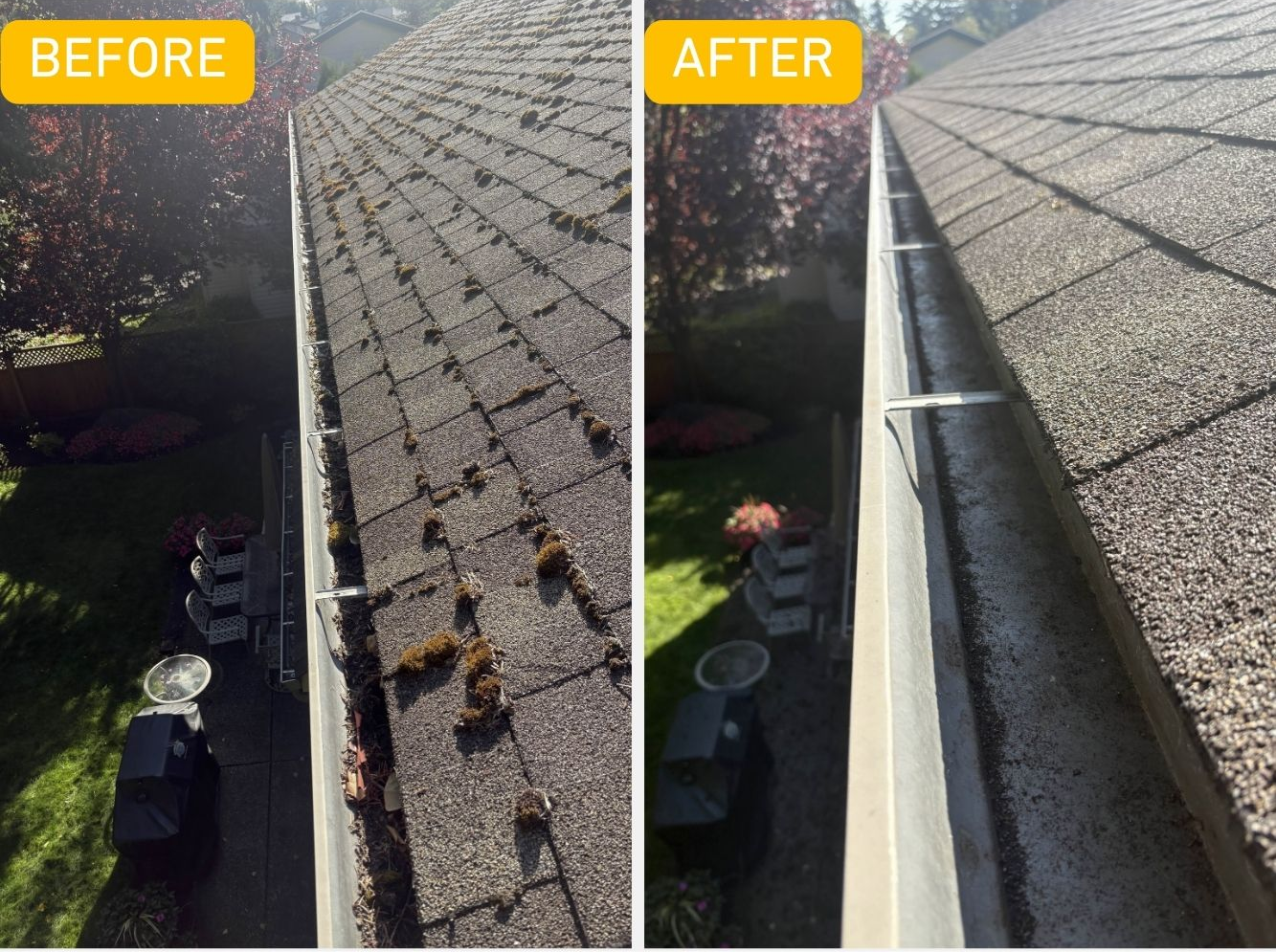 Residential roof and gutter showing a before and after moss removal and gutter cleaning service
