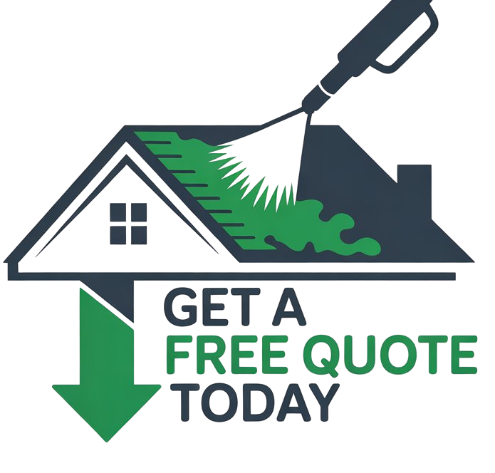 A simple logo with a roof getting moss cleaned off of it and an arrow pointing down that says get a free quote today