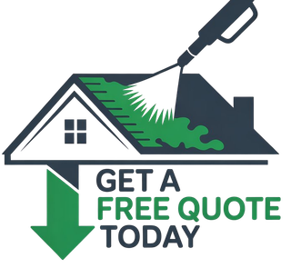 A simple logo with a roof getting moss cleaned off of it and an arrow pointing down that says get a free quote today