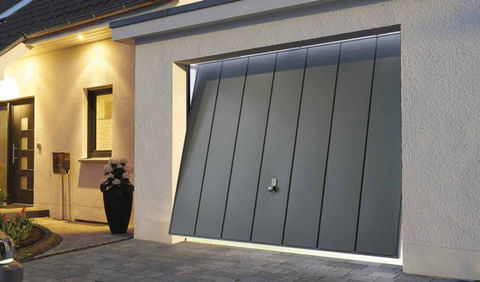 A grey newly fitted up and over garage door