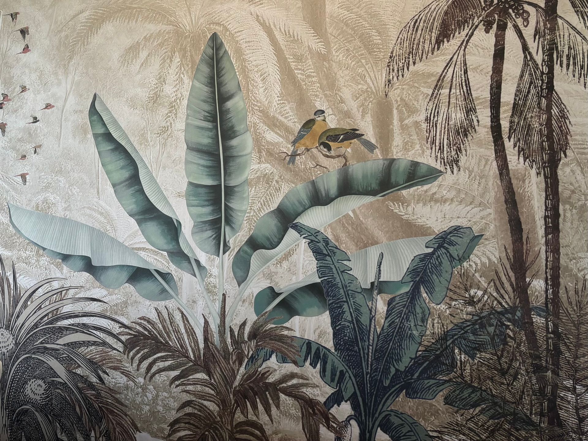 A painting of birds sitting on a banana leaf in a jungle.