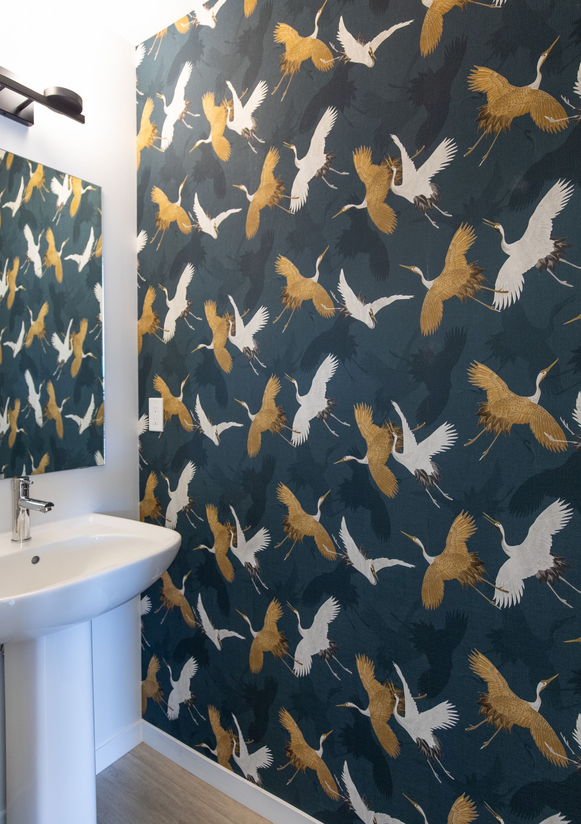 A bathroom with birds on the wall and a sink