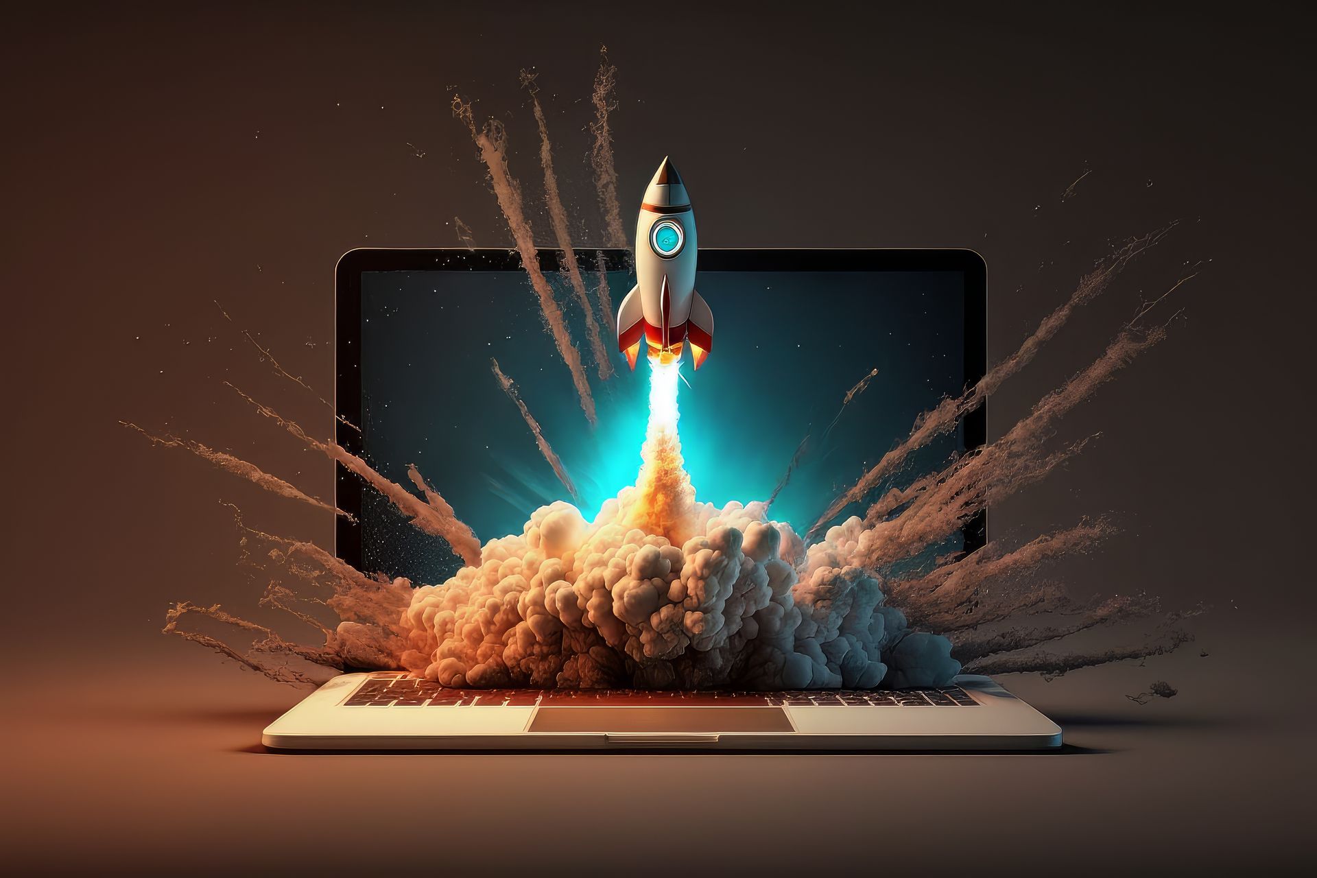 Rocket launching from a laptop screen, bright light and smoke erupting outward.