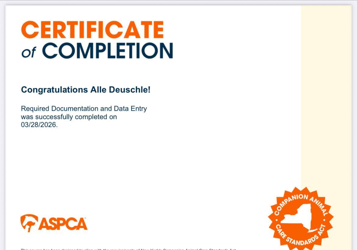 ASPCA Certificate of Completion for Alle Deuschle, noting successful data entry completion on 01/08/2024.