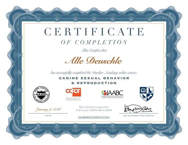 Certificate of completion for Alle Deuschle, who completed the Dunbar Academy course on Dog and Cat Behavior Problems.