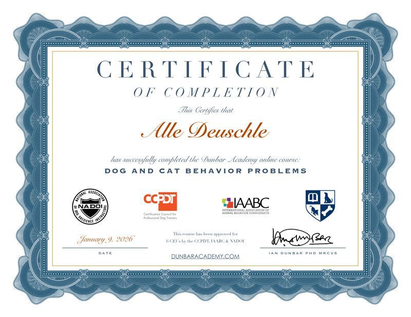 Certificate of completion for Alle Deuschle, who completed the Dunbar Academy course on Dog and Cat Behavior Problems.