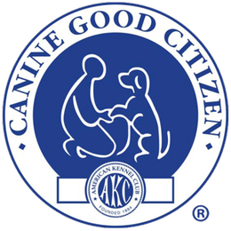 Canine Good Citizen logo: Blue circle with white outline. Person and dog interact. AKC logo at the bottom.