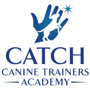 Logo for CATCH Canine Trainers Academy: blue hand with dog silhouette, text below.