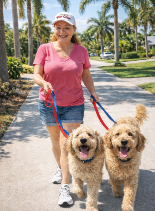 Woman walks two dogs on a sidewalk, smiling. Palm trees in background.