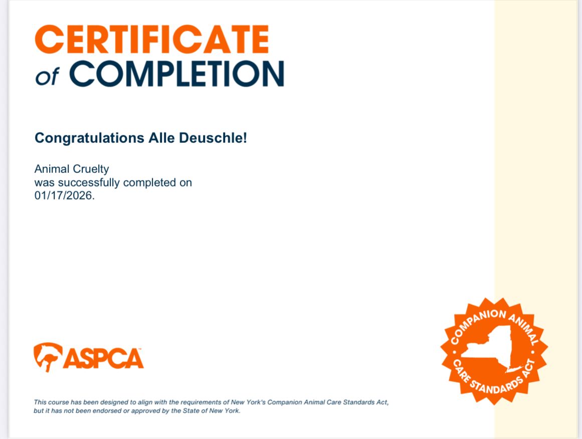 Certificate of completion for Alle Deuschle, who completed the Dunbar Academy course on Dog and Cat Behavior Problems.