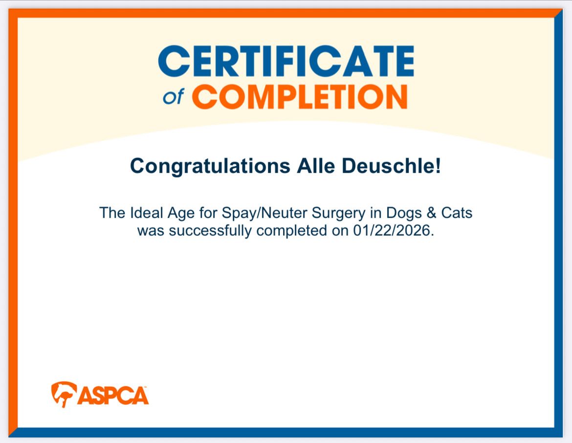 Certificate of completion from ASPCA for 