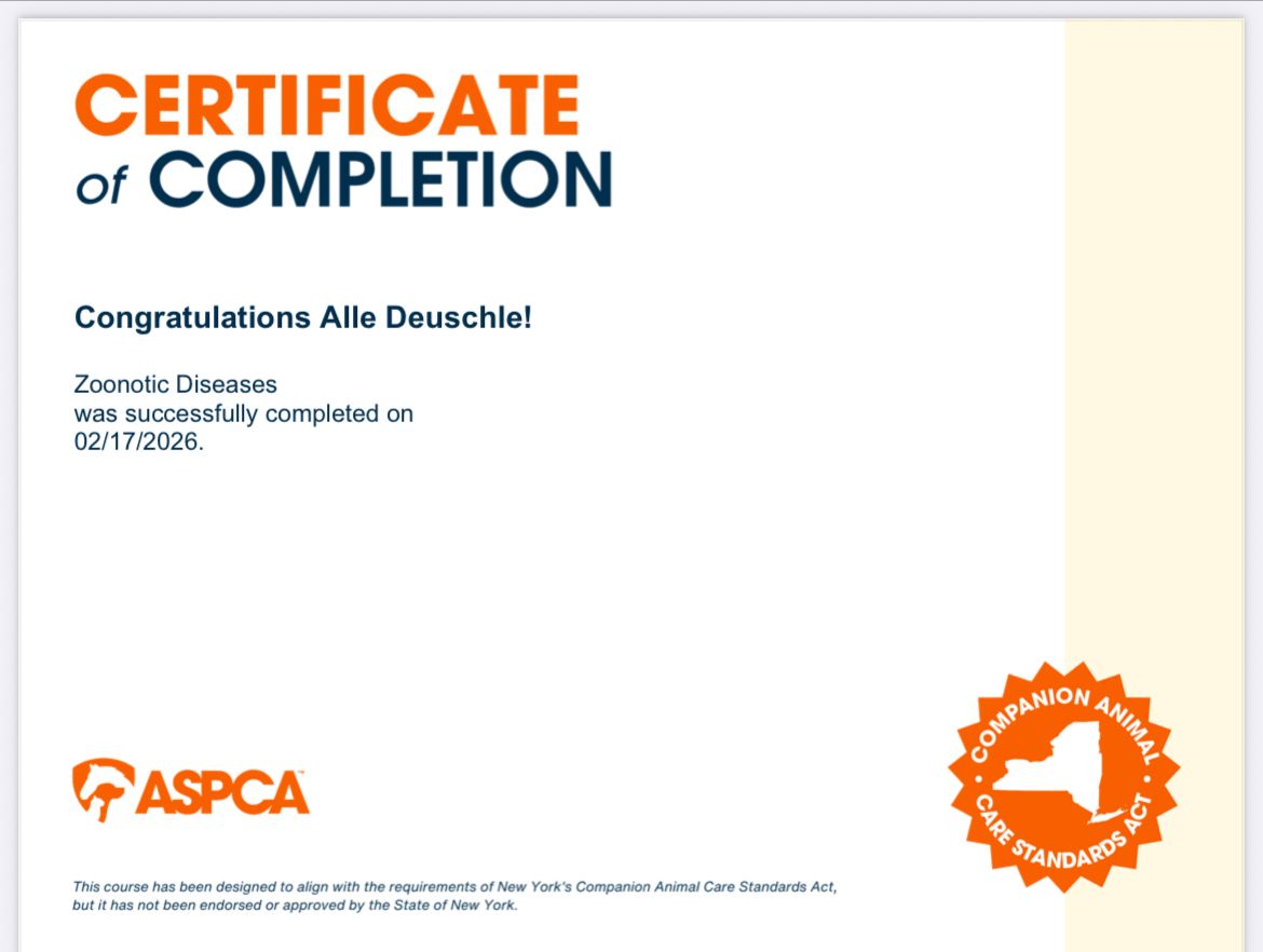 Certificate of completion from ASPCA for Alla Dauschiel, completed 03/17/23.