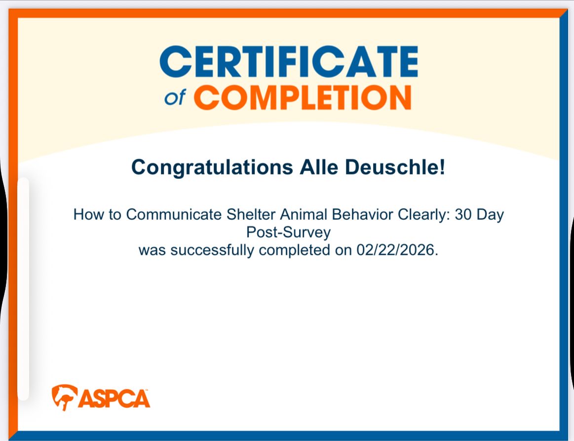 Certificate of completion from ASPCA. Text reads
