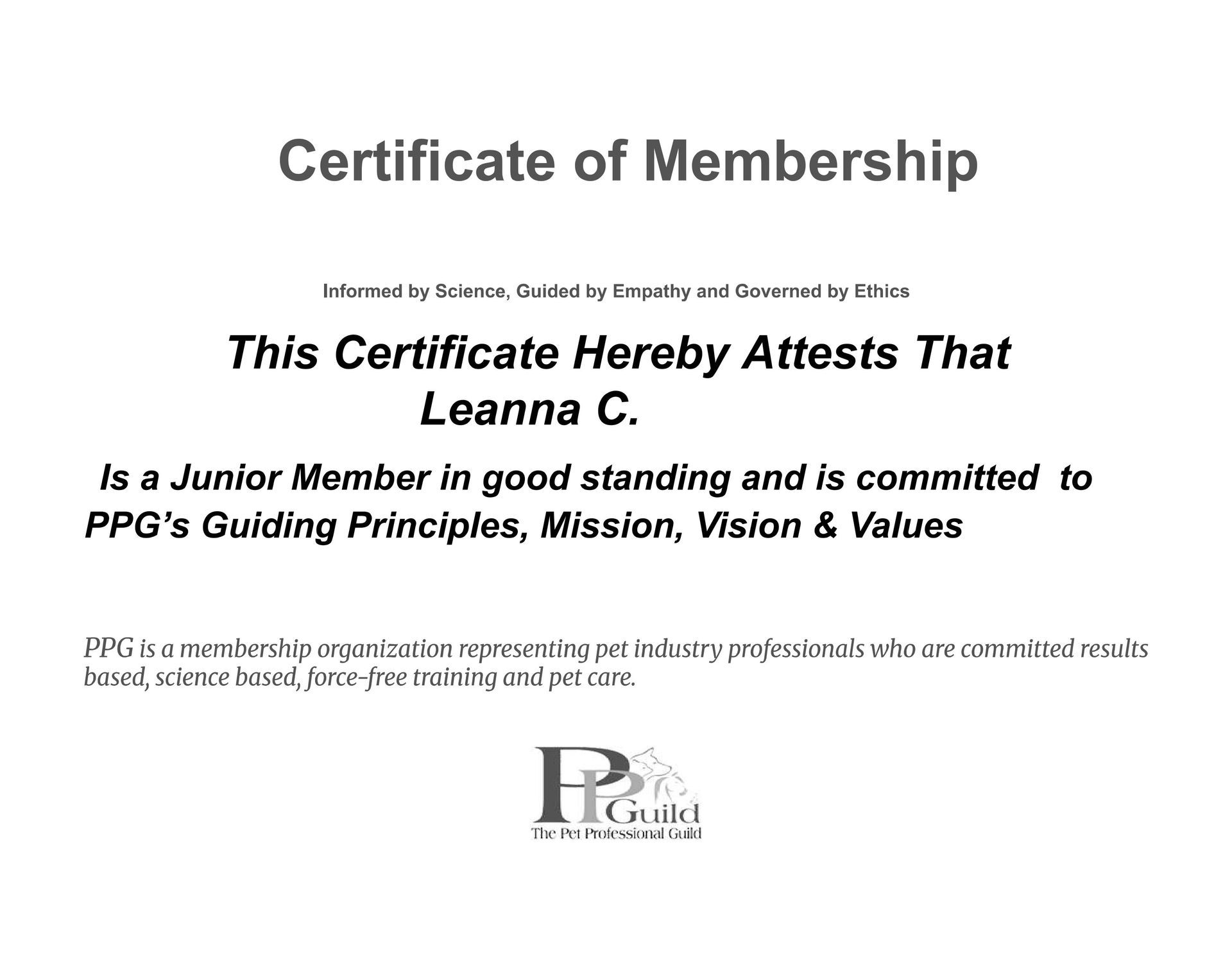 Certificate of Membership. Names Leanna C., a Junior Member in good standing.  PPG logo at the bottom.
