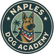 Naples Dog Academy logo with a German Shepherd wearing an American flag bandana, palm tree, and the ocean.