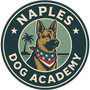 Naples Dog Academy logo with a German Shepherd wearing an American flag bandana, palm tree, and the ocean.