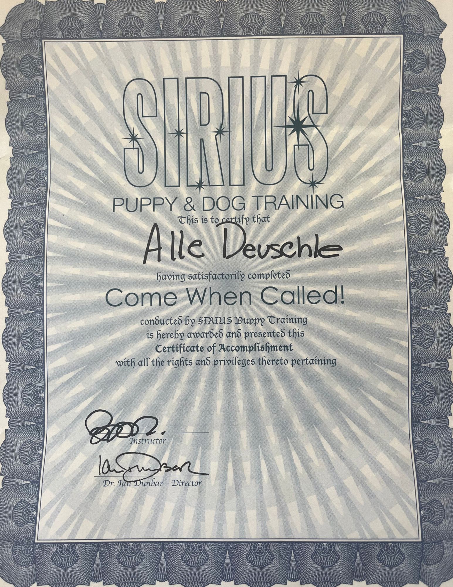 Certificate from Sirius Puppy & Dog Training. Text: