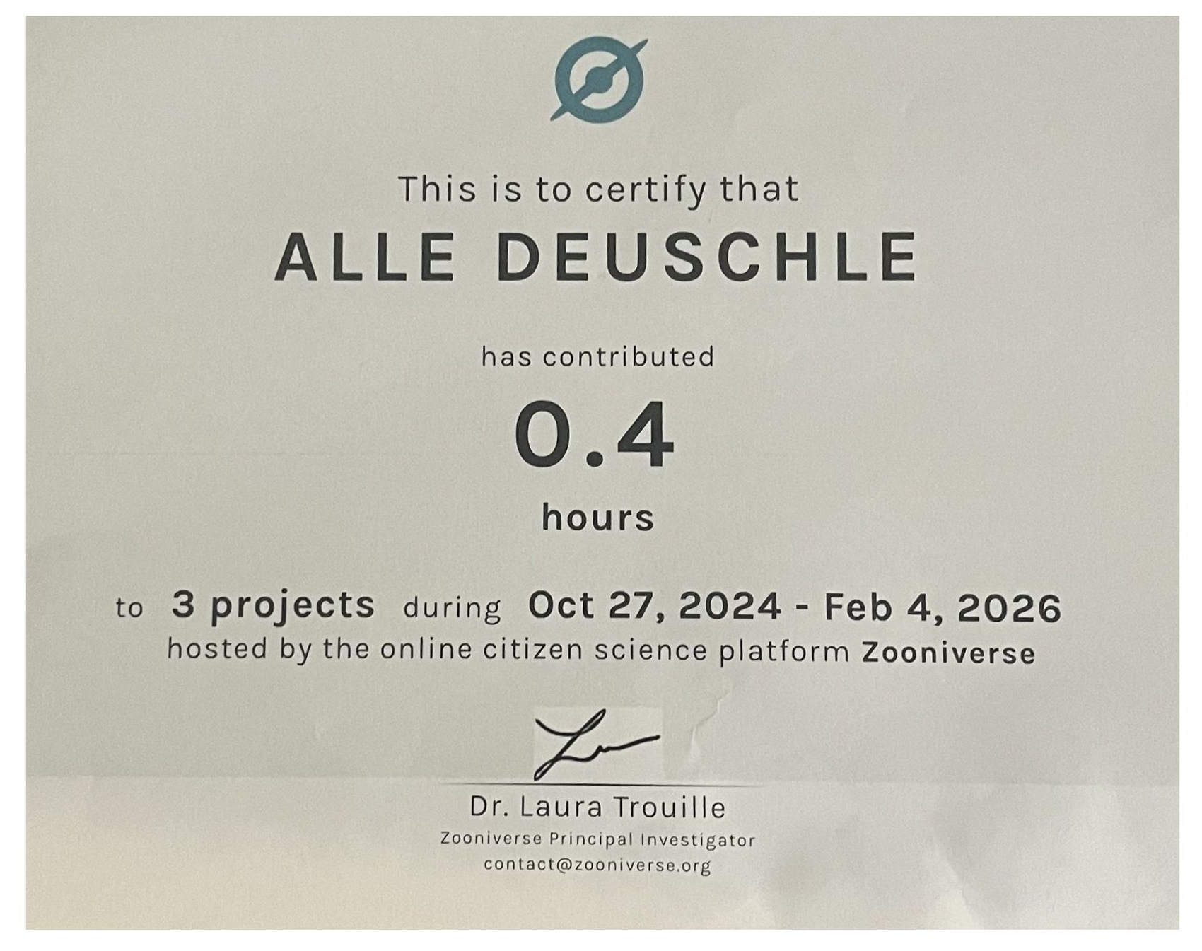 Certificate for Alle Deuschle: 0.4 hours contributed to 3 projects on Zooniverse (Oct 27, 2024-Feb 4, 2026).