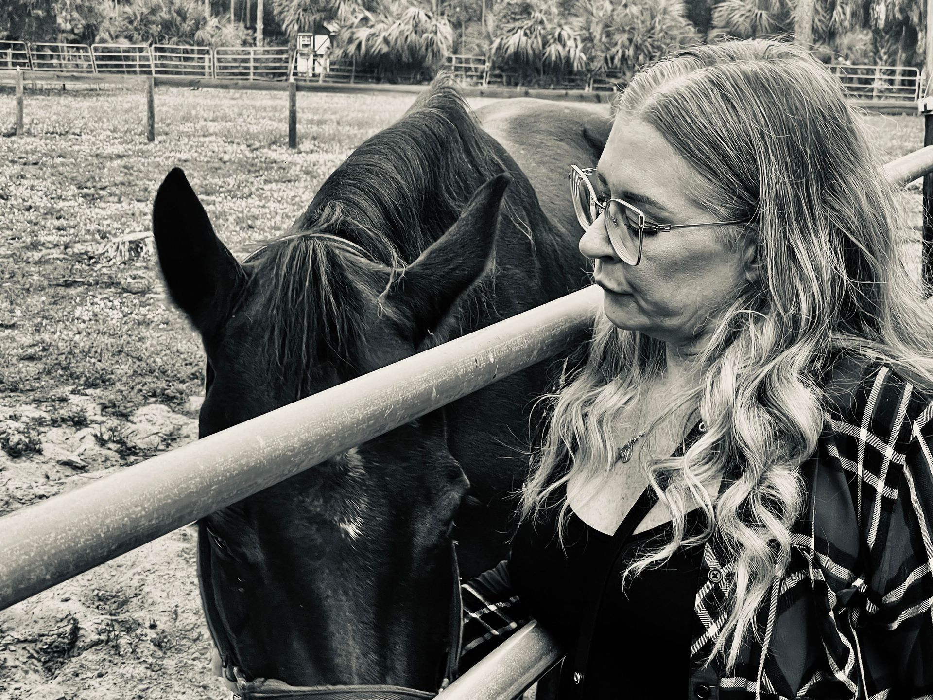 Woman sitting with two poodles near a window with city and mountain view. One poodle has blue hair.