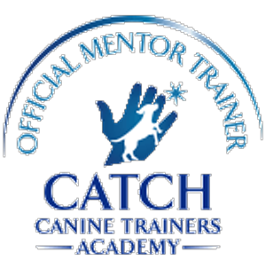 Logo for CATCH Canine Trainers Academy: blue hand with dog silhouette, text below.
