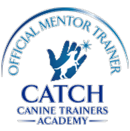 Logo for CATCH Canine Trainers Academy: blue hand with dog silhouette, text below.
