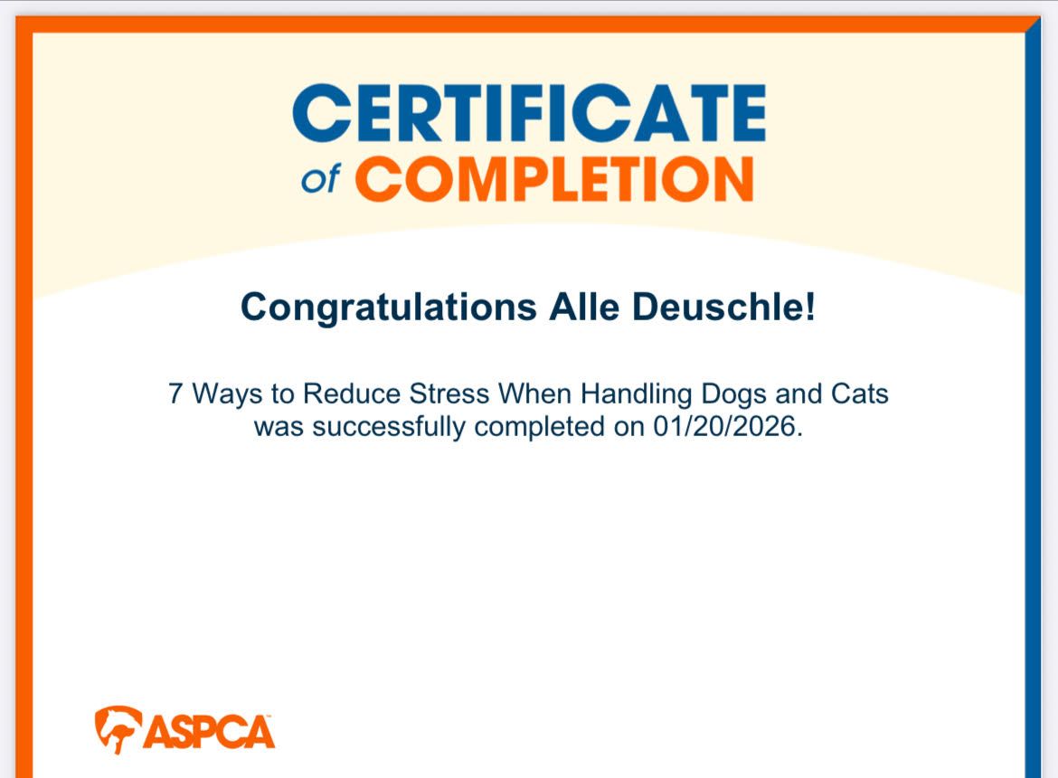 Certificate of Completion for Alle Deuschle, ASPCA. Completed 