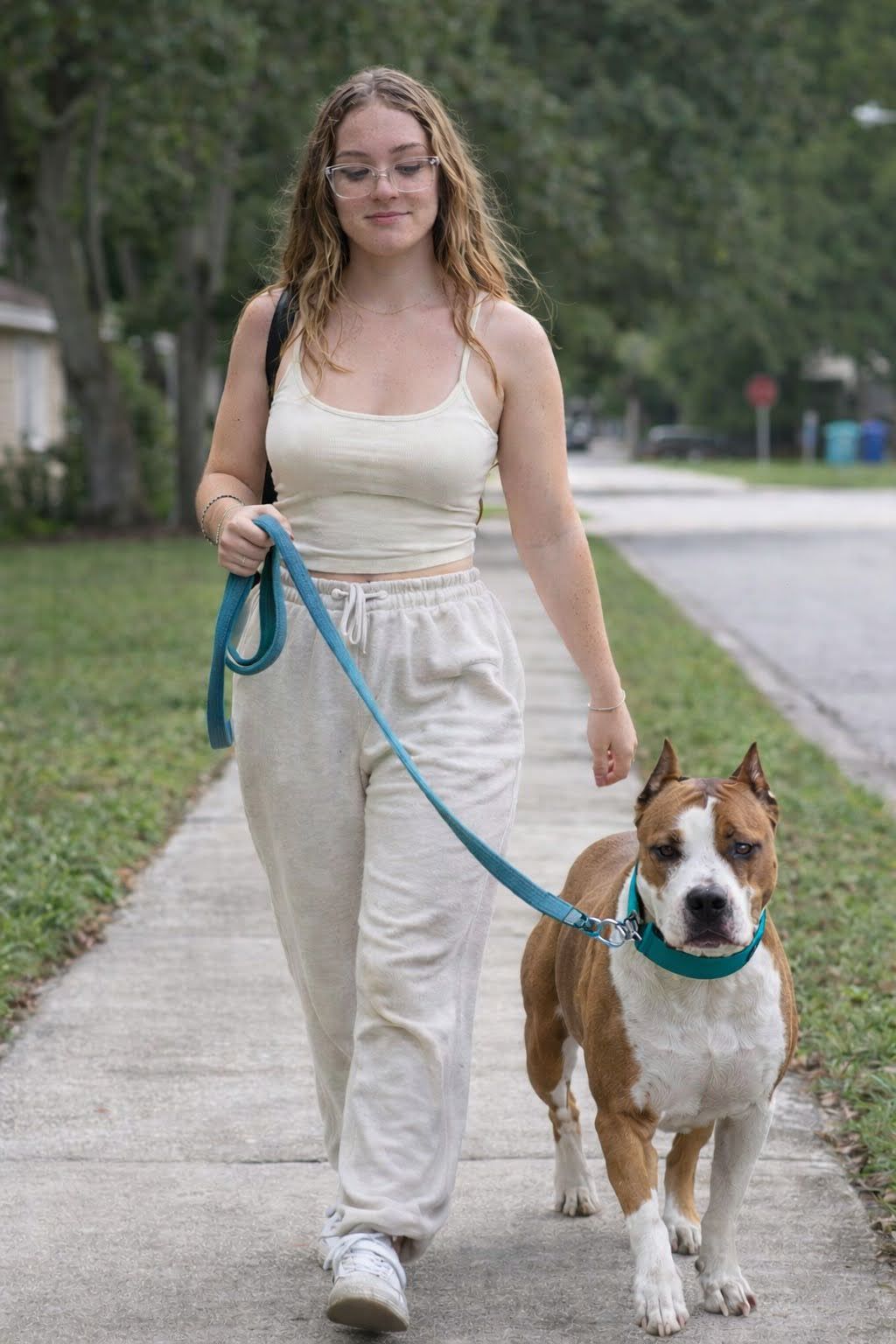 Woman walking a dog on a sidewalk. Tan pants and top. Dog has brown and white fur, wearing a blue collar.
