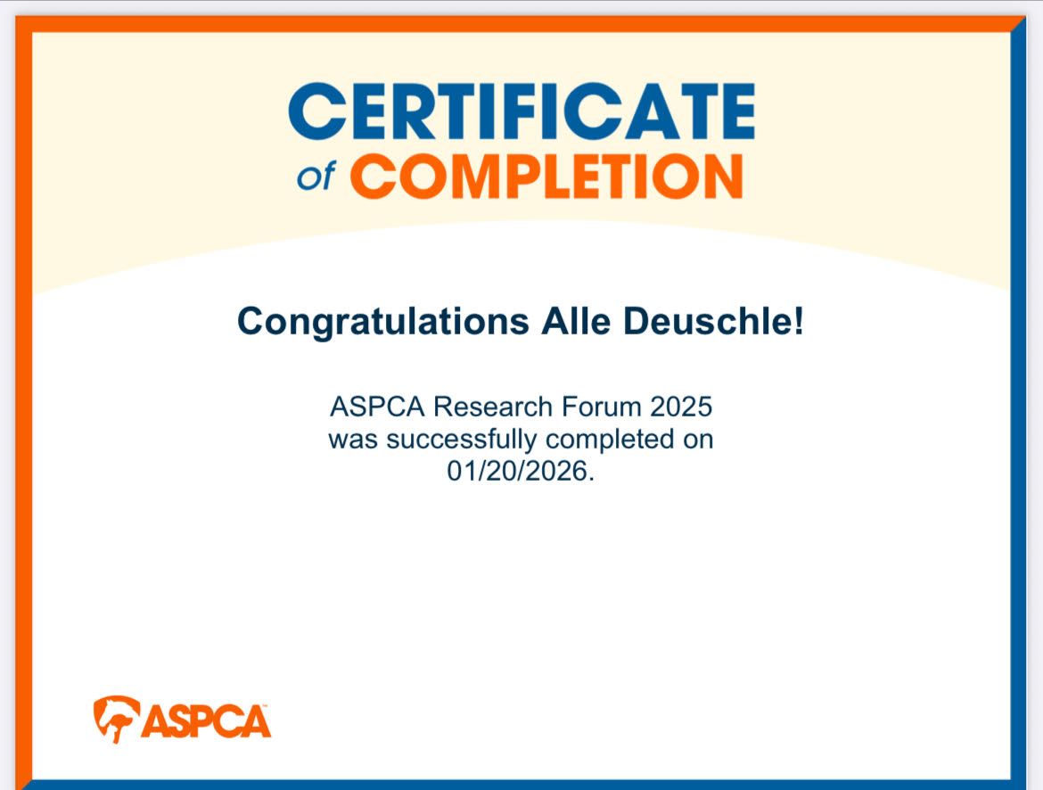 Certificate of Completion for Alle Deuschle, ASPCA Research Forum 2025, completed 01/20/2026. Orange and blue design.
