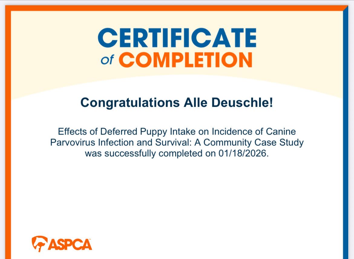 Certificate of Completion for Alle Deuschlel regarding canine parvovirus, completed on 01/18/2028, with ASPCA logo.