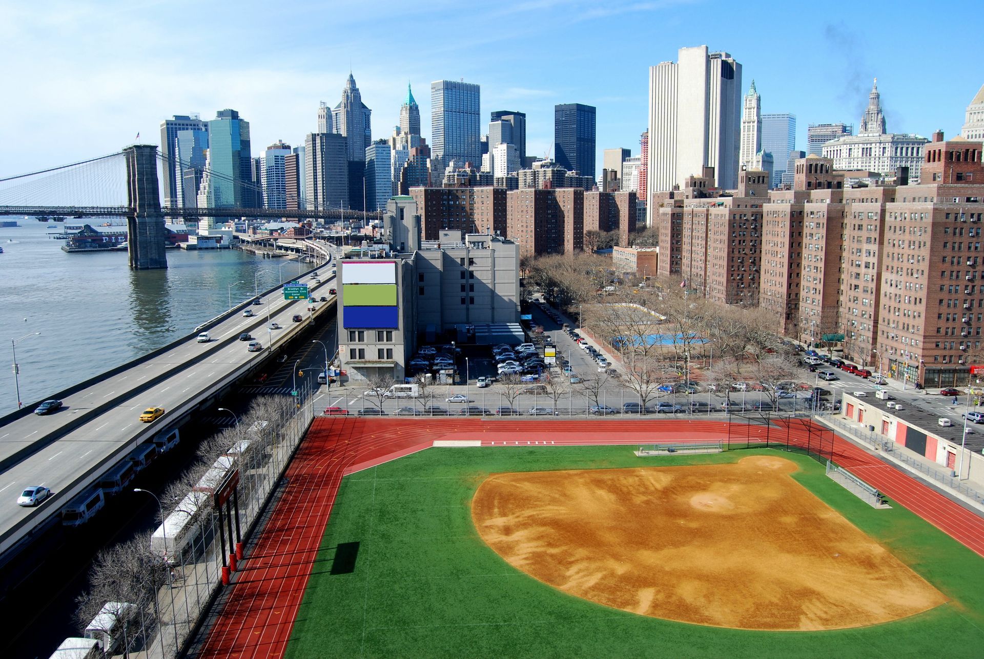 An aerial view of a baseball field in new york city