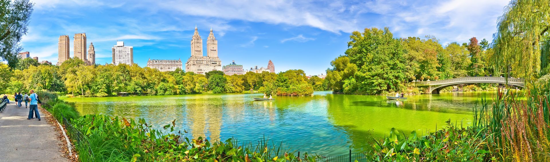 A panoramic view of a lake in a park with a city skyline in the background.