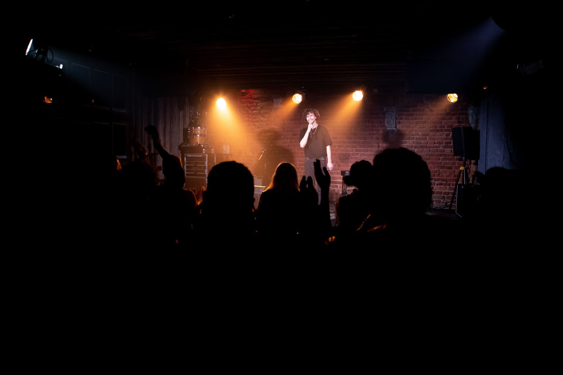A man is singing into a microphone in front of a crowd at a concert.