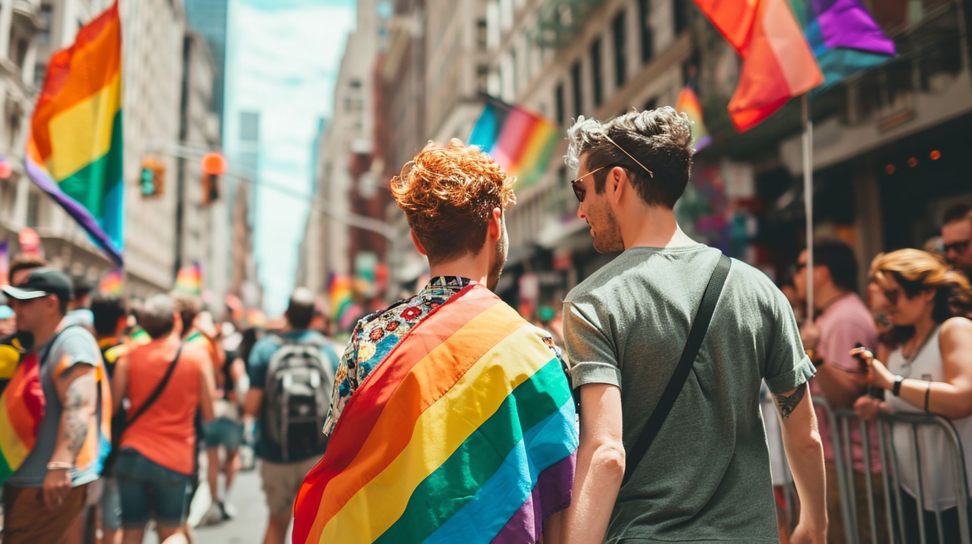 Two men are walking down a street with a rainbow flag on their backs.