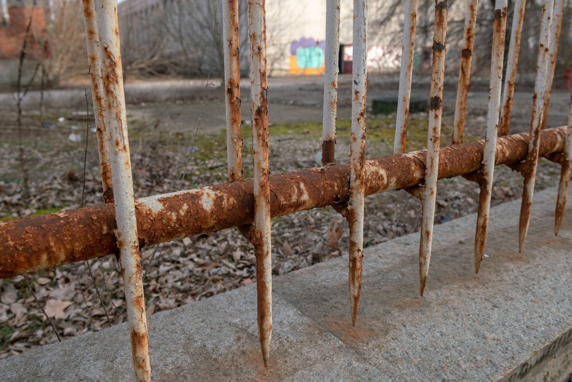 A close up of a rusty metal fence with a building in the background.