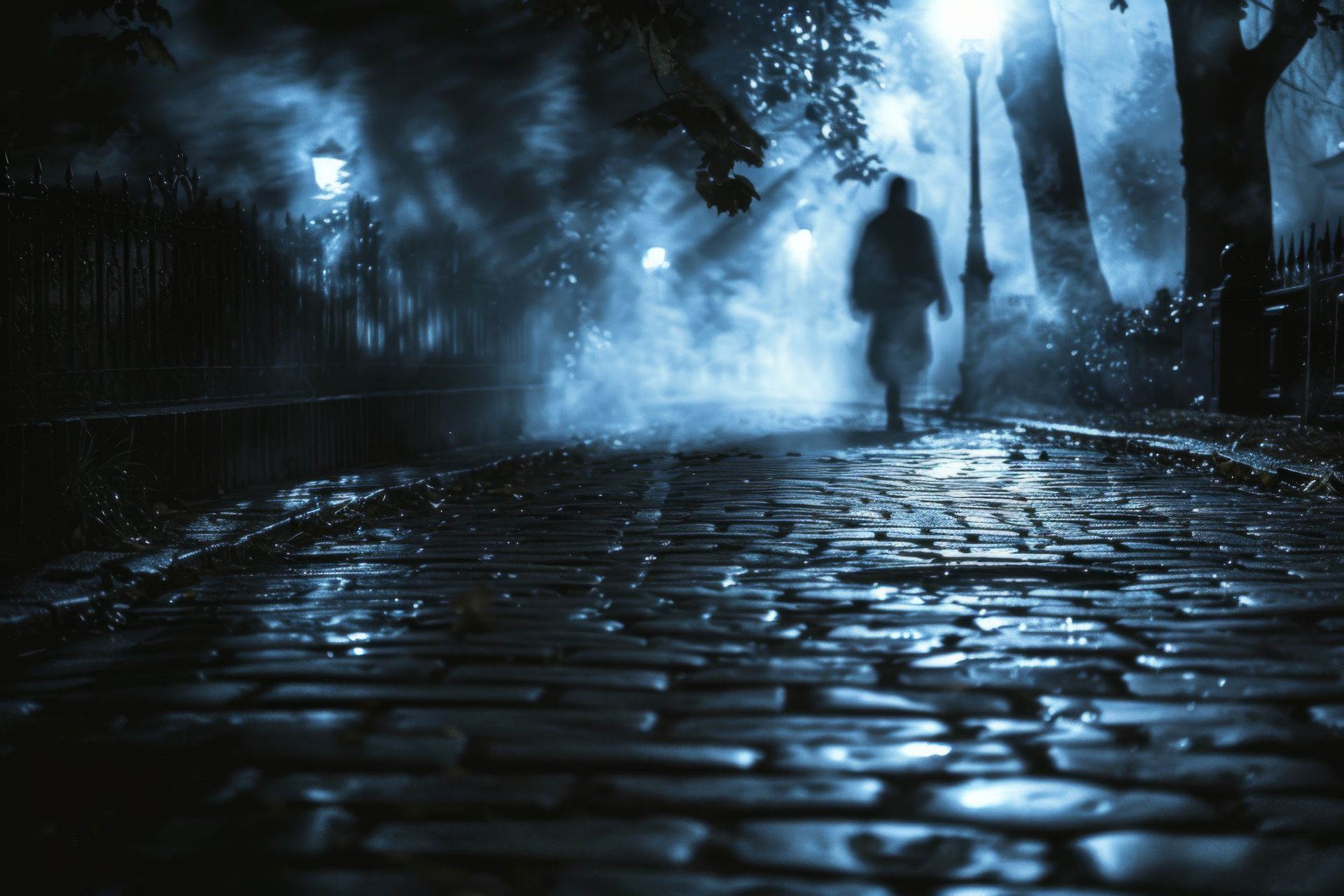 A man is walking down a cobblestone street at night.