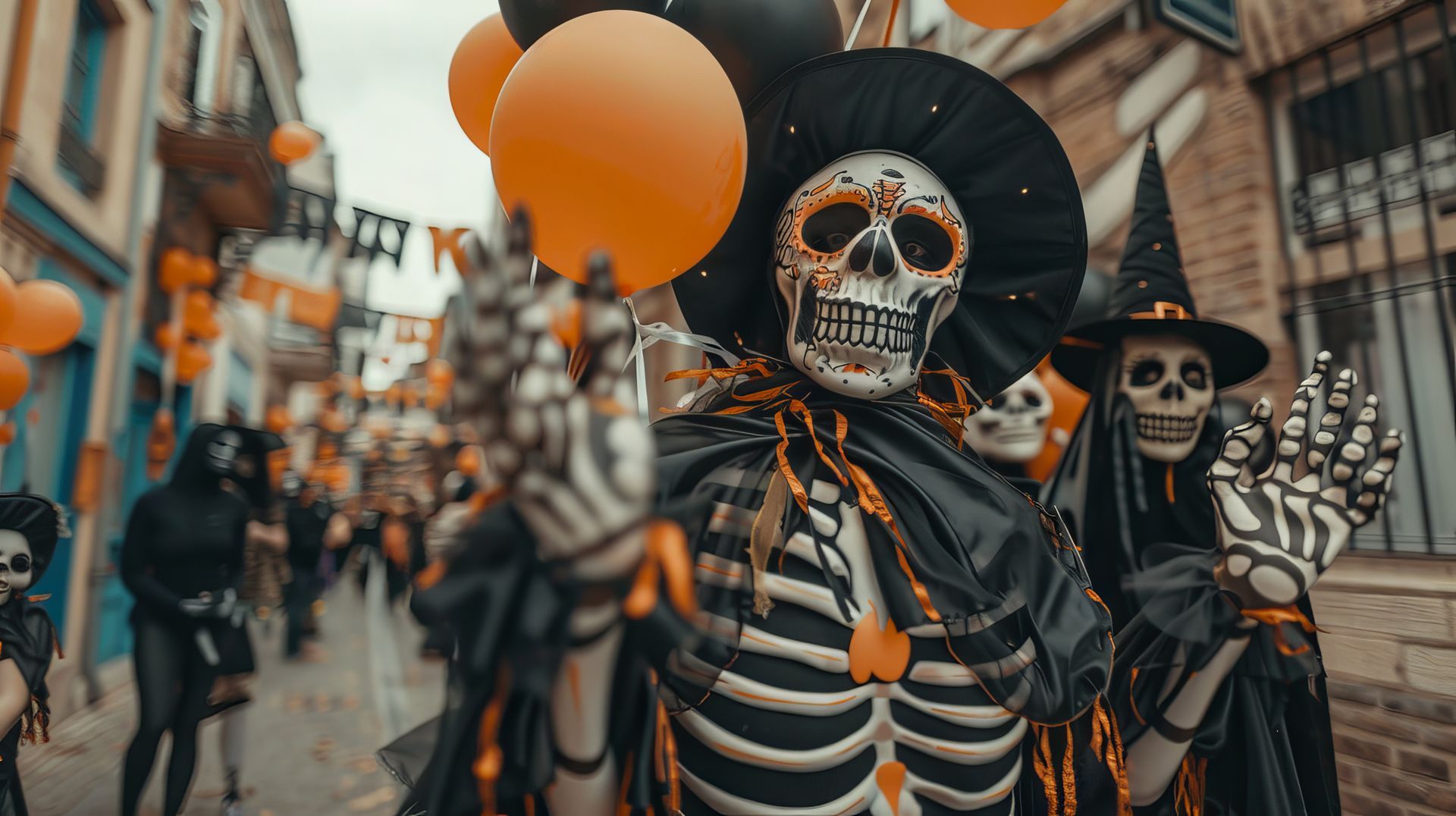 A group of people dressed as skeletons are walking down a street holding balloons.