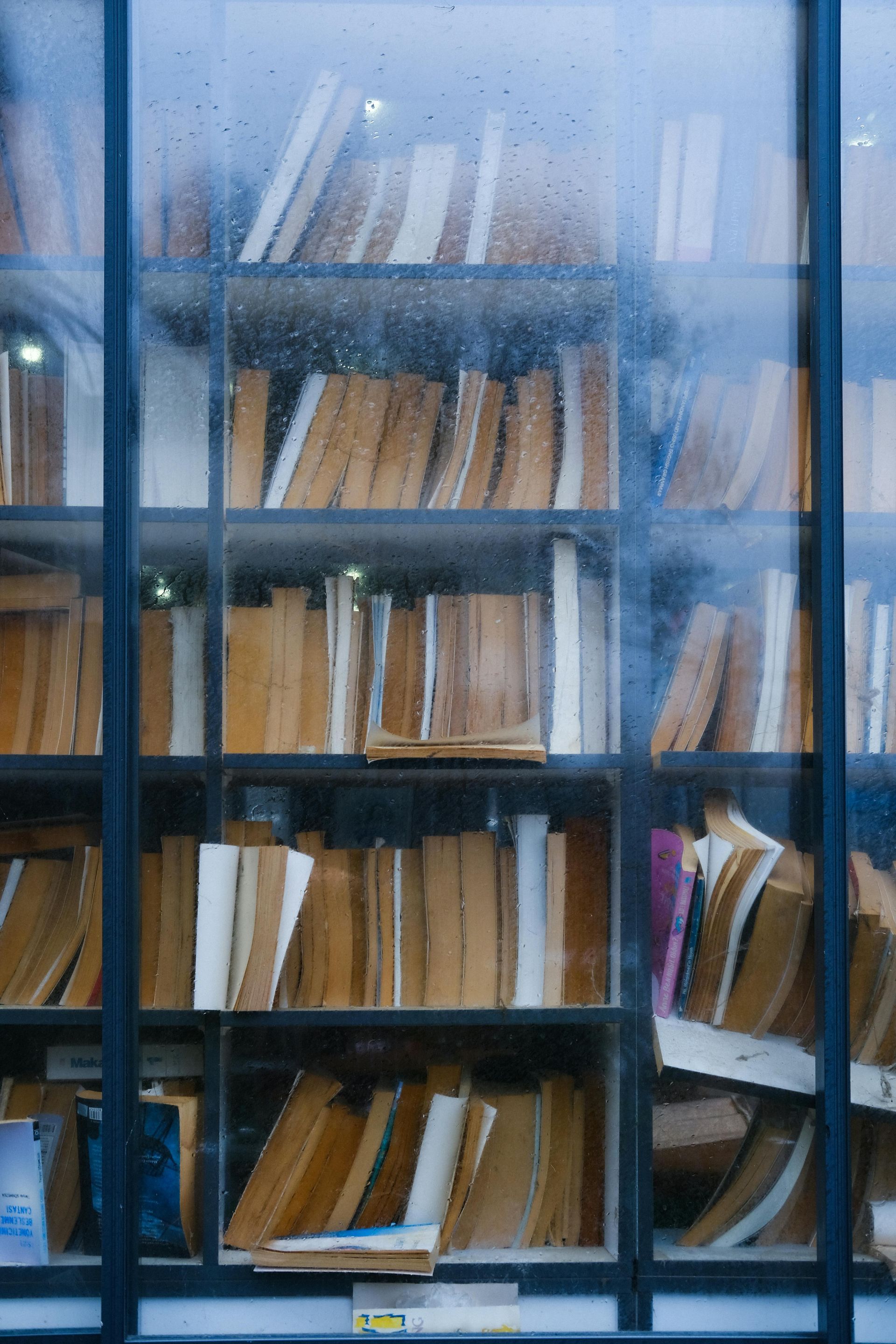 Bookshelves behind a wet window, filled with aging books in a library setting, creating a blurred, muted aesthetic.