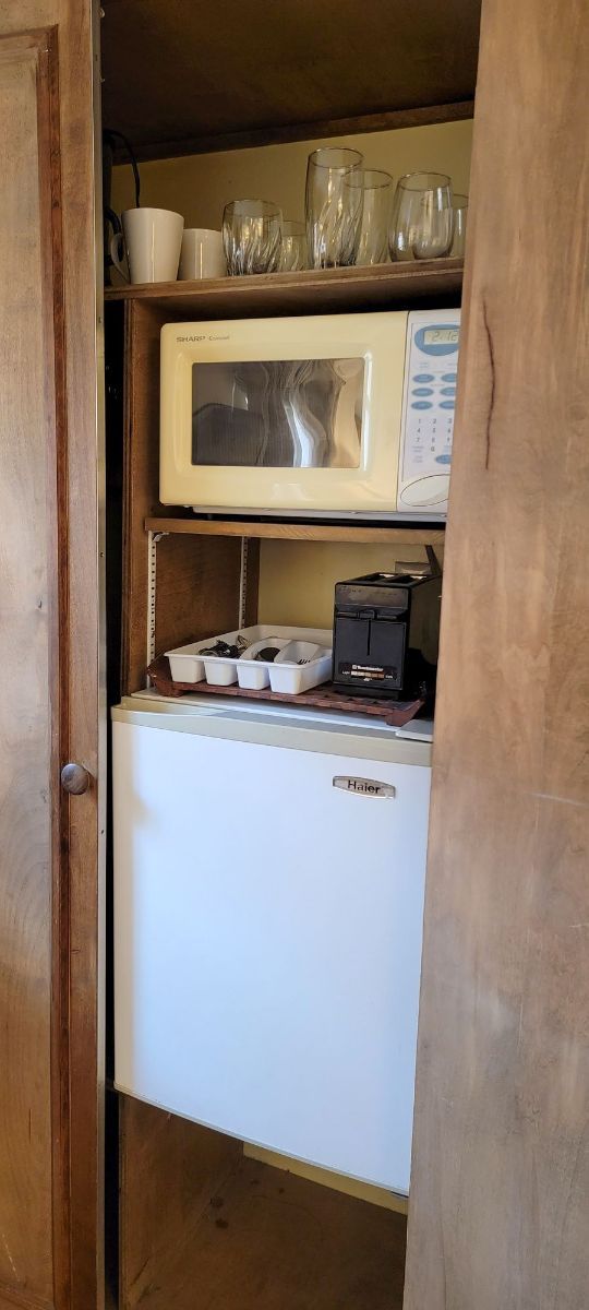 there is a microwave and a refrigerator in the closet .